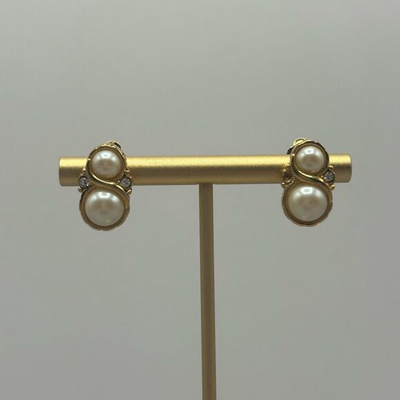 Givenchy Gold Plated Pearl Embellished Clip On Earrings With Rhinestones - Picture 1 of 11